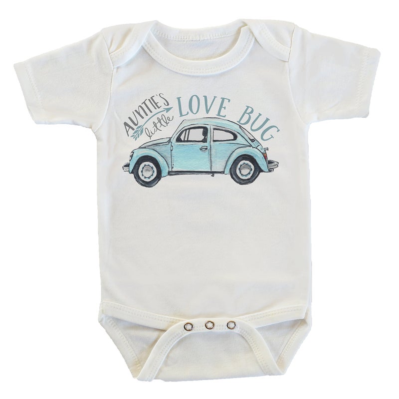 Witty and Bitty Auntie's Little Love Bug Car Onesie/Bodysuit, Gifts from Aunt for Nephew, Funny Baby Clothes (White, 0-3 Months)